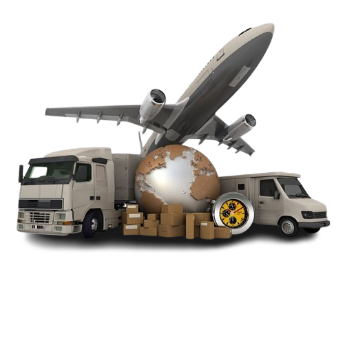 Freight truck, delivery van and cargo aircraft around a globe with stacked parcels